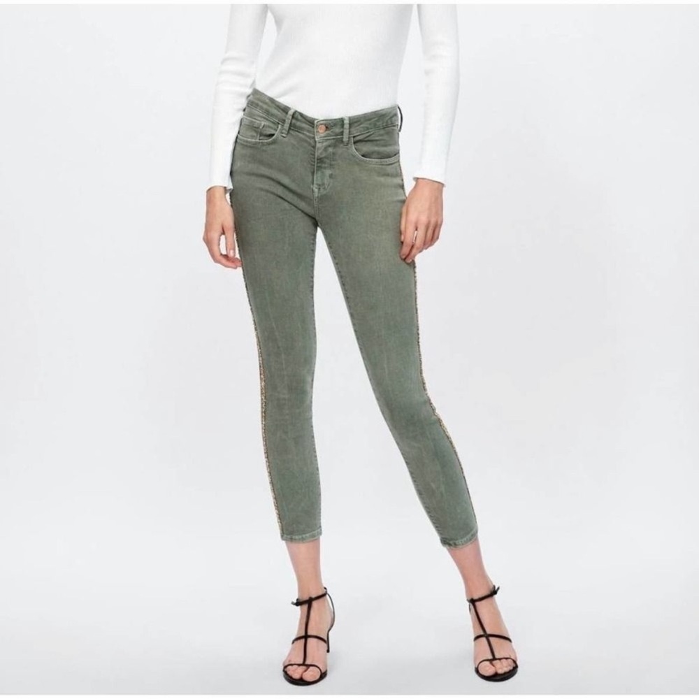 Zara EUC Mid-Rise Side Sequin Detail Skinny Jeans Size US 4 / EU S Green Khaki
